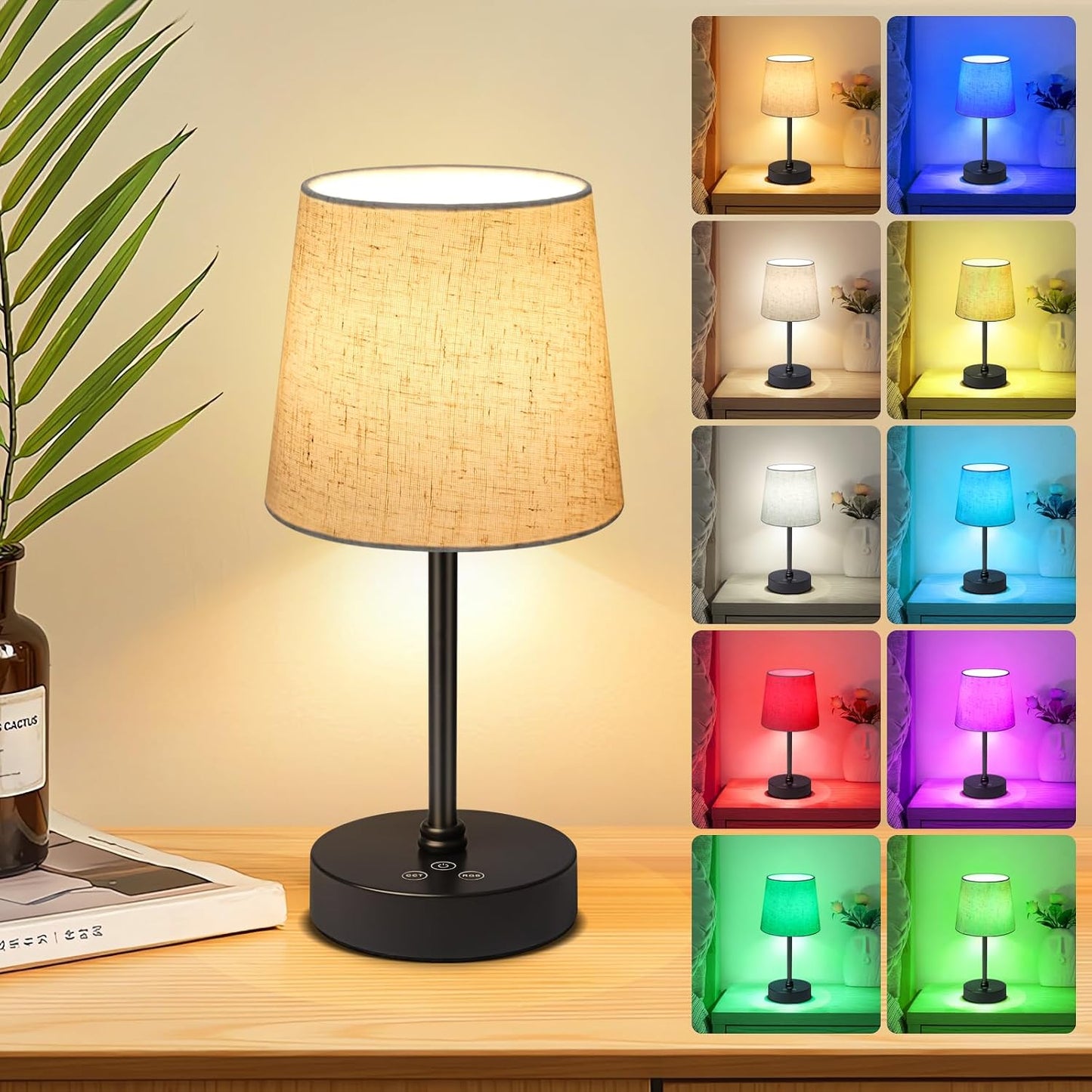 Wowag Small Cordless Table Lamp,5000mAh Rechargeable Battery Operated Desk Lamp,3 Colors & 7 RGB Stepless Dimmable, Portable Touch Fabric Shade LED Night Light for Bedroom Restaurant Home(Flaxen)