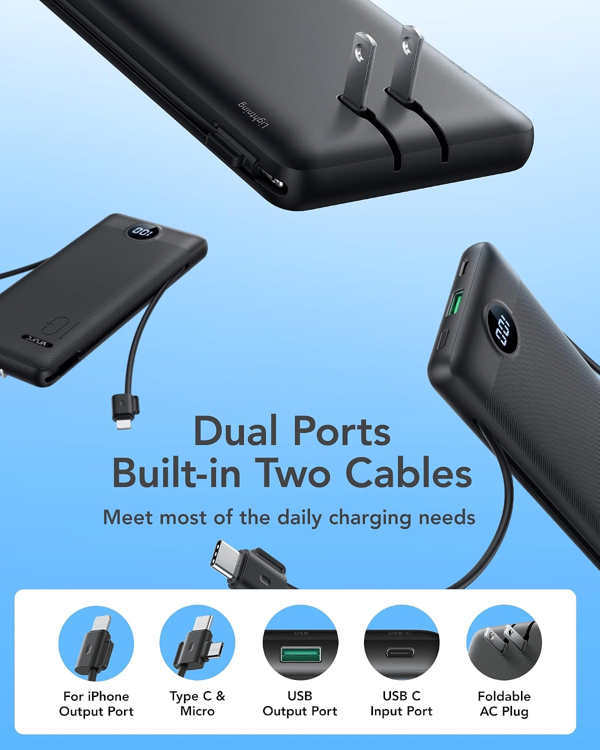 VRURC 10000mAh 22.5W Portable Charger, AC Plug & Built-in Cables,Black | Slim battery pack ,PD 20W fast charging, for business travel,compatible with iPhone & Samsung