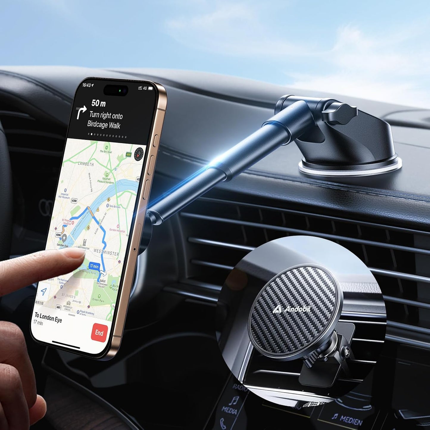 andobil for MagSafe Car Mount, Magnetic Air Vent Phone Mount, Black | 20XN55 Upgraded Strongest Magnet, Military-Grade Metal Clip, 360° Rotation, Carbon Fiber, for iPhone 16 / 15 / 14 / 13 Series