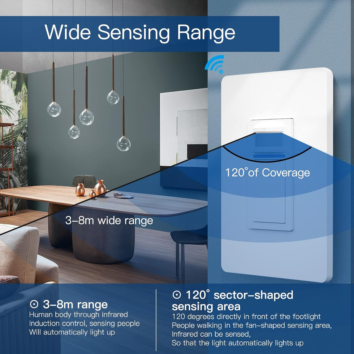MOES Smart Motion Sensor Switch Single Pole, Needs Neutral Wire, Wi-Fi PIR Infrared Motion Activated Light Switch, Smart Life Tuya APP Remote Control Compatible with Alexa and Google, FCC Listed