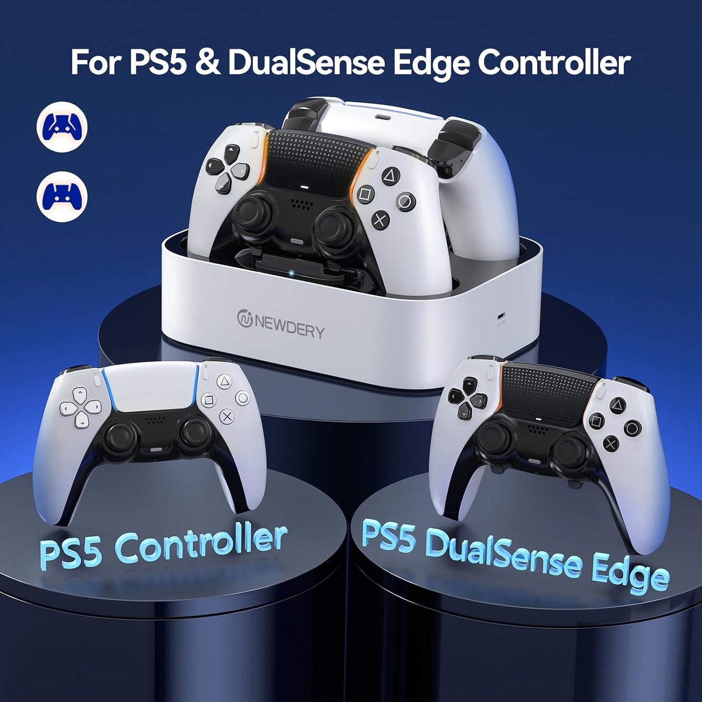 NEWDERY for PS5 Controller Charger Station Compatible with Dualsense Edge | Fast Charging Dock with Led Indicators, Dual Charging Stand for PlayStation 5 & DualSense Edge Controller
