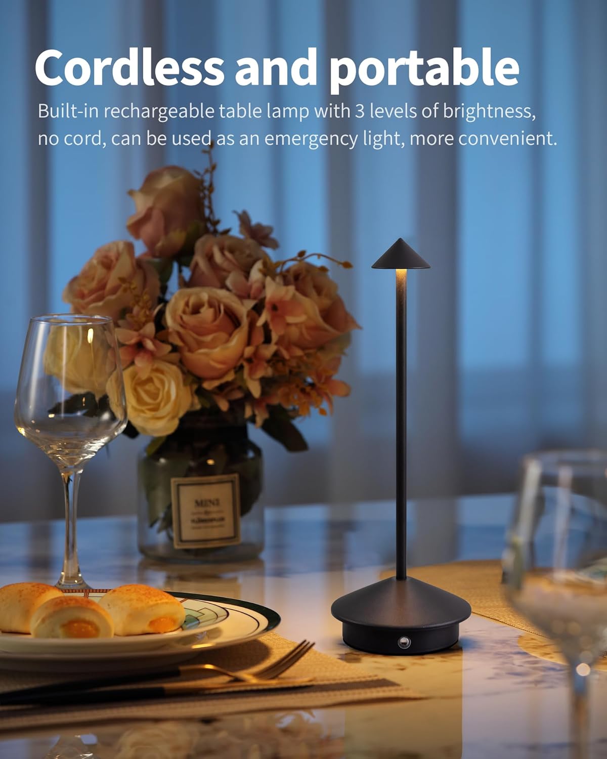 Modern Cordless Table Lamp Set of 2, Black Portable LED Desk Lamps | 5000mAh, Rechargeable, Battery Operated Lighting for Bedroom, Dining Room, Restaurant, Coffee Shop, Camping, Night Light