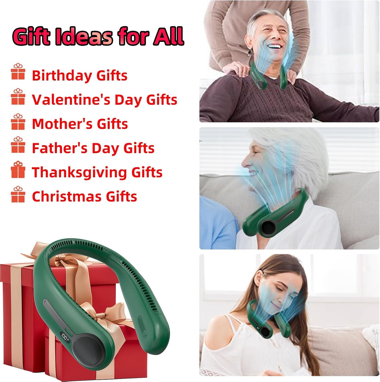 Portable Neck Fan, Personal Wearable Bladeless Fan, 6000mAh USB Rechargeable, 360° Airflow, LED Display, 4-Speeds, Hands Free Fan for Outdoor Indoor, Birthday Gifts for Men Women Dad Mom (Dark green)