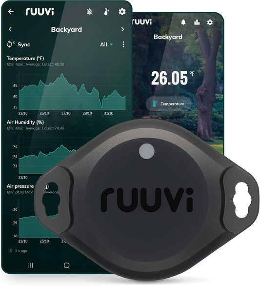 RuuviTag Pro 4in1 Wireless Bluetooth Temperature (°C/°F), Air Humidity, and Air Pressure. Alerts & History. Free Android/iOS apps. Integrates with Victron, Homey, and Home Assistant. Made in Europe.