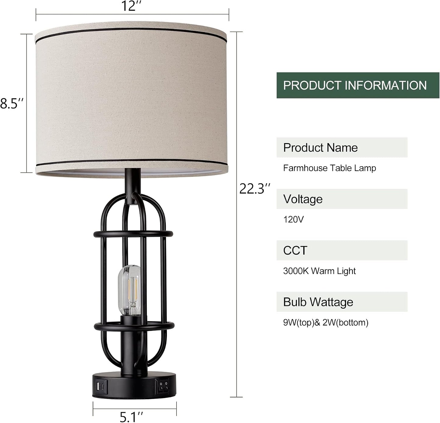 Reaketon Black Table Lamps for Living Room Set of 2, 22.3" Farmhouse Lamps for Nightstand, Industrial Table Lamps for Bedroom with USB Ports, Bulbs Included