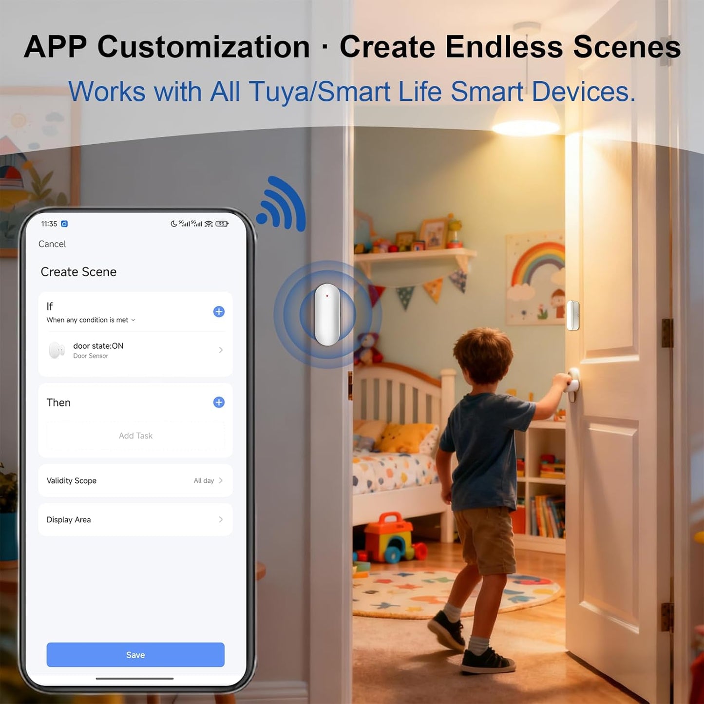 WiFi Magnetic Door Sensor Alarm with App That Alerts Your Phone, Mini Wireless Window Alarms When Opened for Home Security, No Hub Required, Smart Sliding Door Contact Sensors Chimes Safety Protection