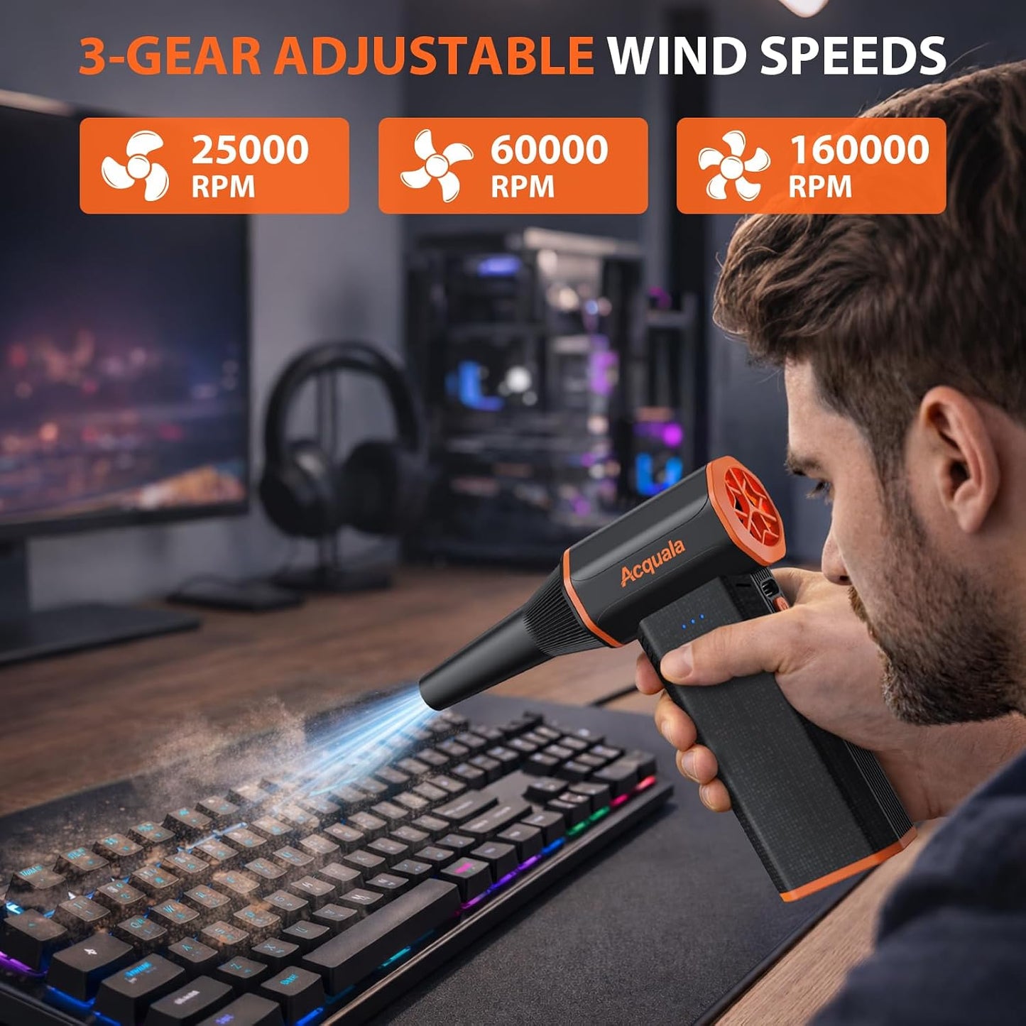 Compressed Air Duster, 160000RPM Ultra Powerful Electric Air Duster, 3-Speed Adjustable Air Blower, Rechargeable Cordless Mini Blower for Keyboard, Computer, Electronics, Car, Home & Outdoor Cleaning
