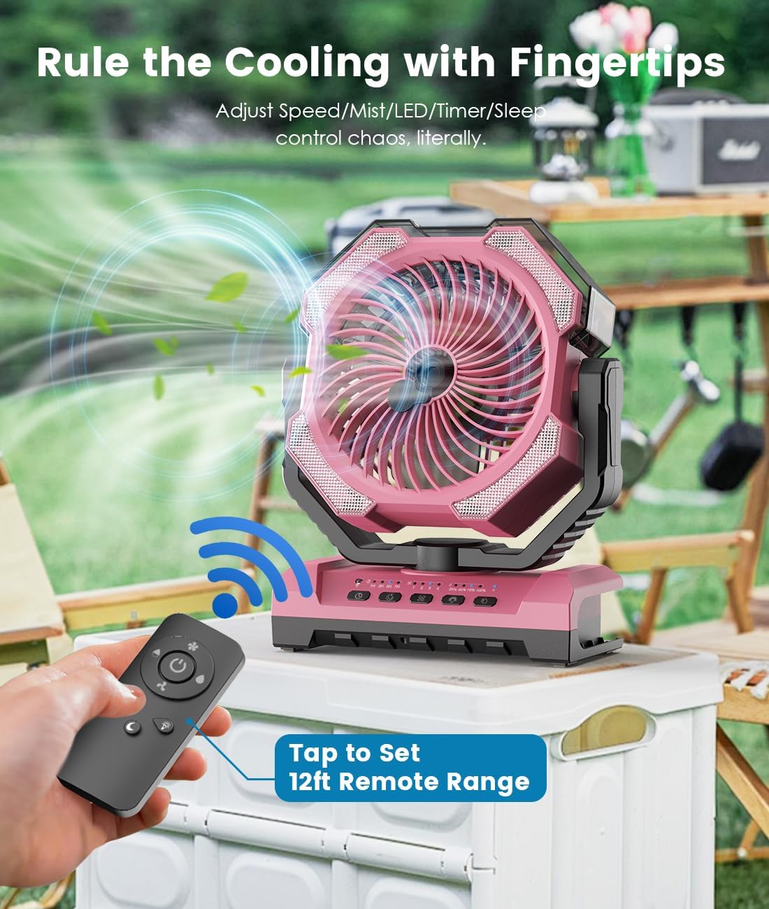 Misting Fan - Pink Portable Rechargeable Fan with 9oz Water Tank, Light, Hook - Versatile, 120H MAX Cooling, Last 5H Mist, 4 Speed, Sleep Mode - Outdoor Fans for Camping, Travel, Patios