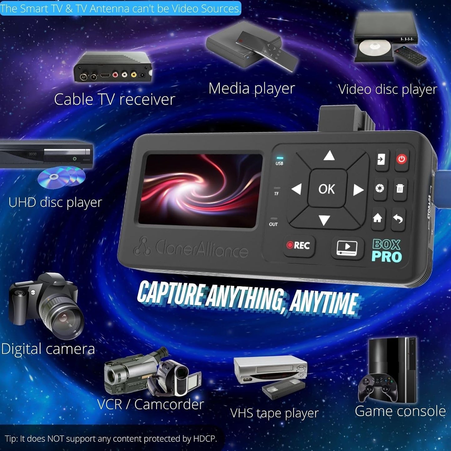 ClonerAlliance Box Pro Pocket, Portable 1080p60fps Video Capture Device & Recorder with Built-in Screen, Battery Power, and Support for HDMI, RCA, YPbPr, VGA Inputs.