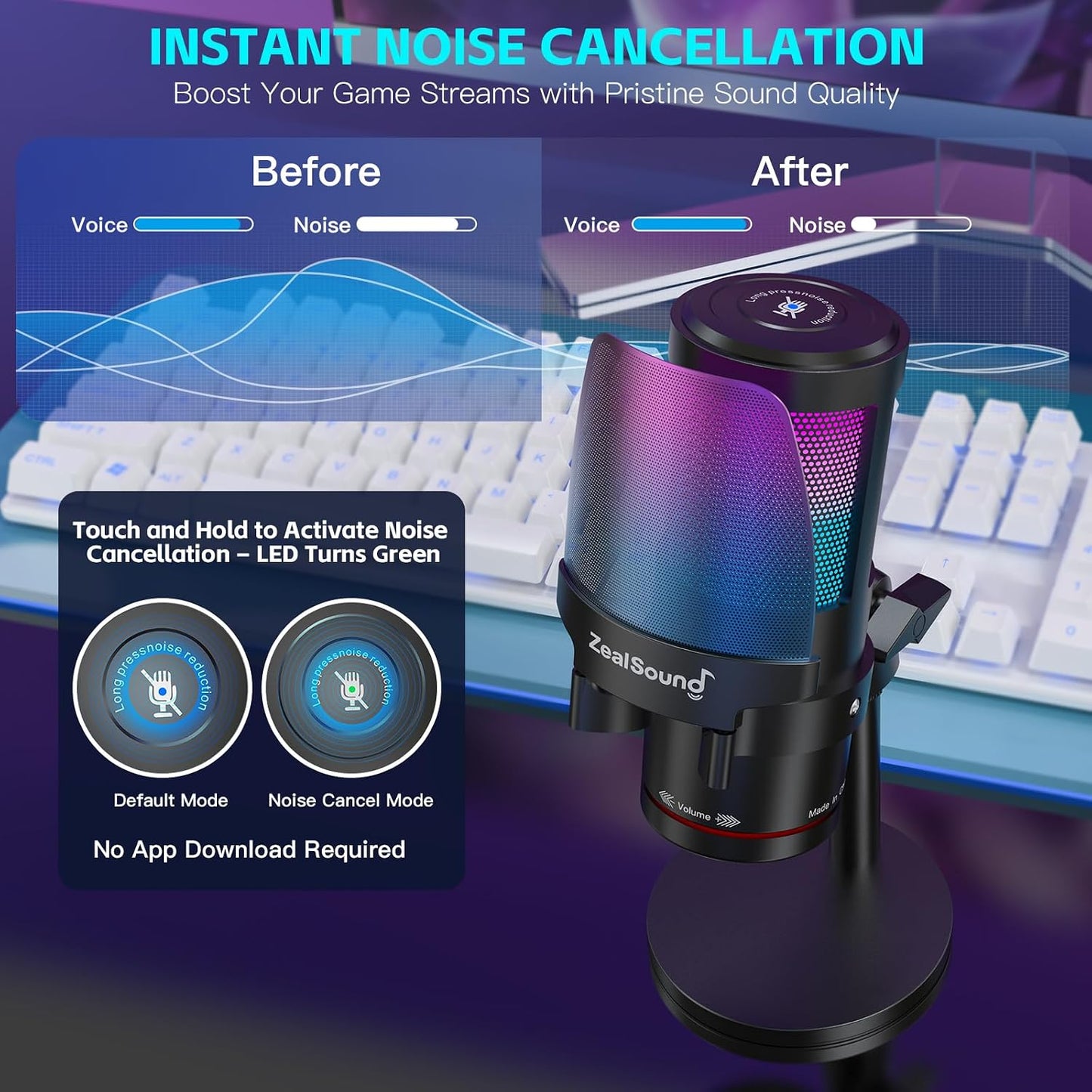 ZealSound USB Microphone for PC Mac iPhone & Android, Podcast Mic with Noise Cancellation, Touch Mute, RGB Light, Volume & Monitor Control, for Streaming Gaming Podcasting ASMR TikTok Discord YouTube