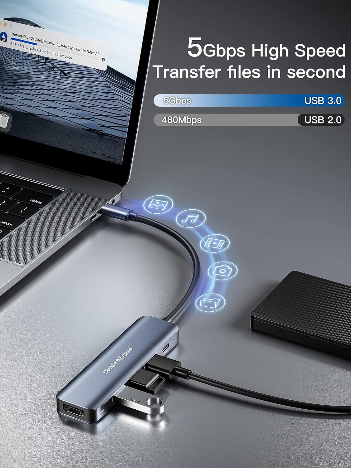 USB C HUB, DockteckExpand 5 in 1 USB-C Multiport Adapter | 4K HDMI, 100W Power Delivery, 3 USB 3.0 Data Ports for MacBook Pro/Air, iPad Pro/Air/Mini 6 and More