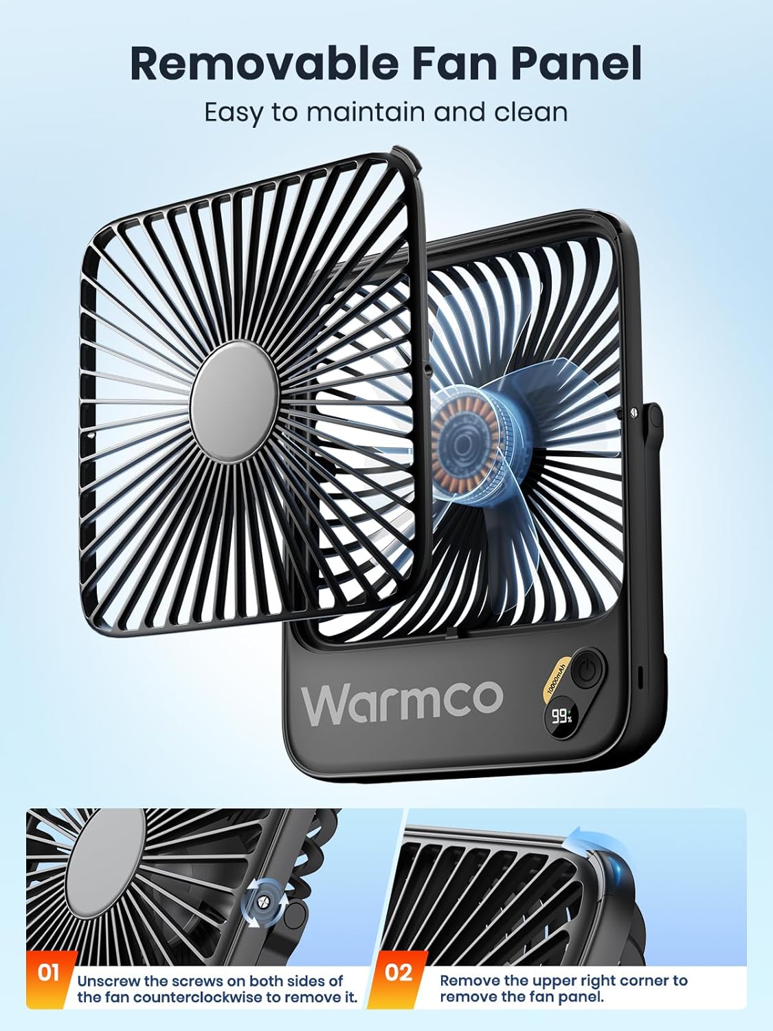 Warmco D3 10000mAh Portable Travel Fan 7-inch, Up to 24H Runtime | Ultra-Slim, Quiet Operation, Battery Powered Fan with Digital Display for Sleeping, Camping, Office, Cruise Essentials