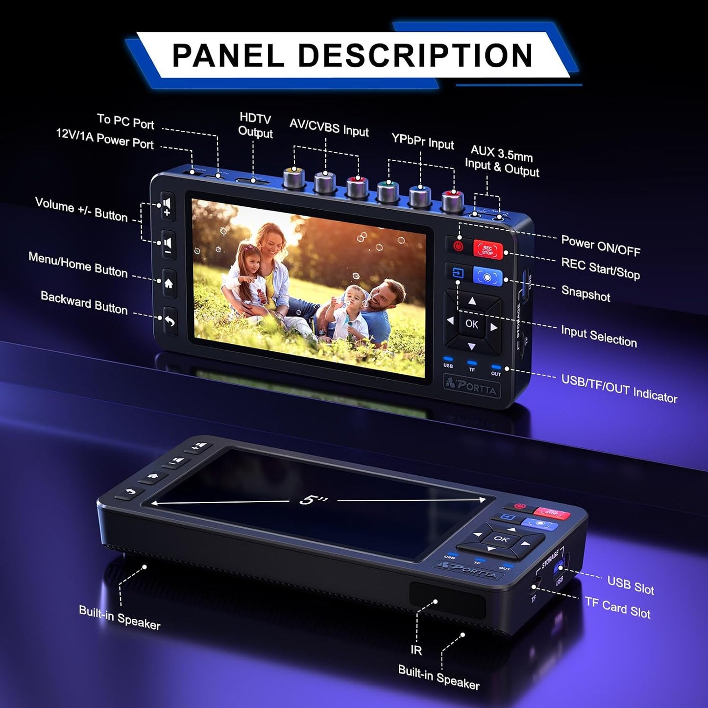 Portta VD22P VHS to Digital Converter with 5" HD Screen, Video Capture Recorder Convert to MP4 Compatible with VHS, VCR, DVR, DVD, Hi8, Mini DV, Gaming Consoles (VCR/VHS/DVD Player/Camcorder Required)