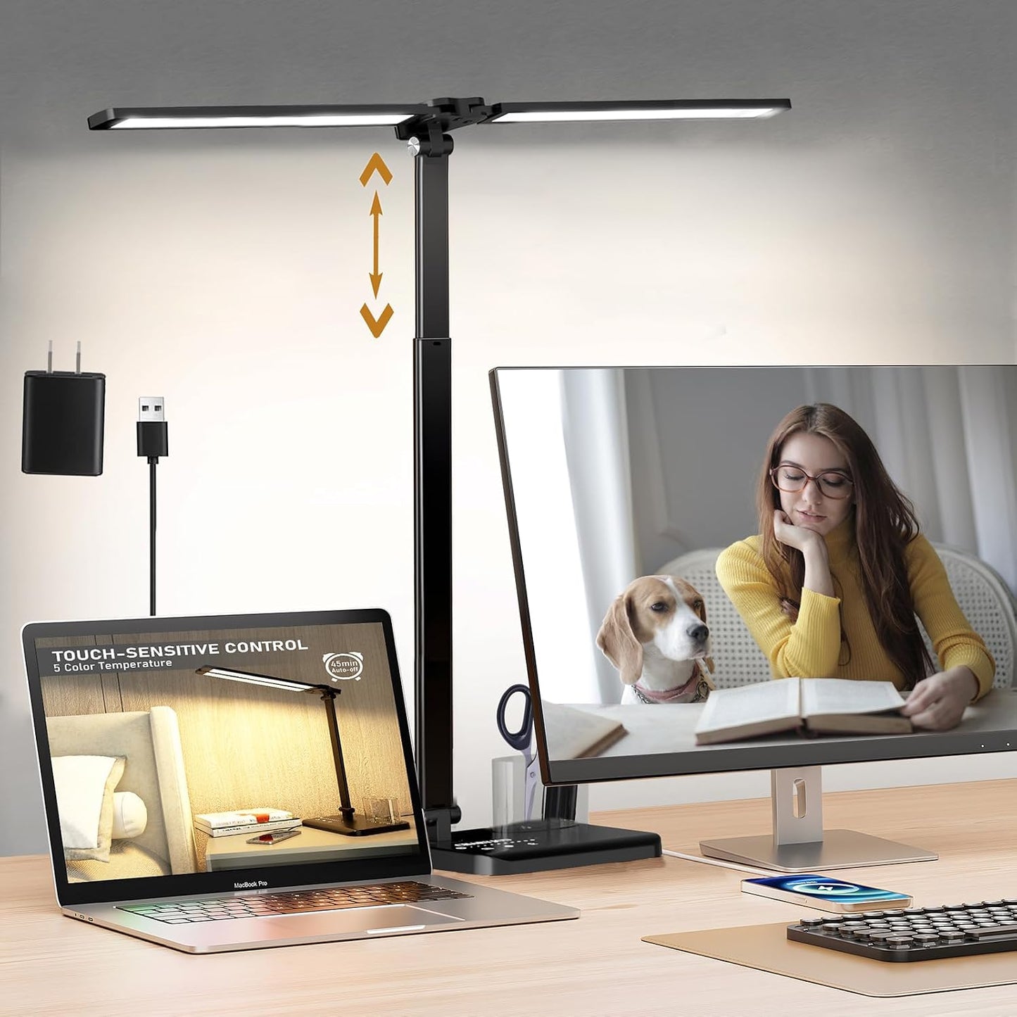 LED Desk Lamp for Home Office Desk Light Table Lamp 50 Lighting Modes Timer | Eye-Caring Desk Lamp with USB Adapter, Foldable Dual Swing Arm Architect for Reading, Study, Workbench