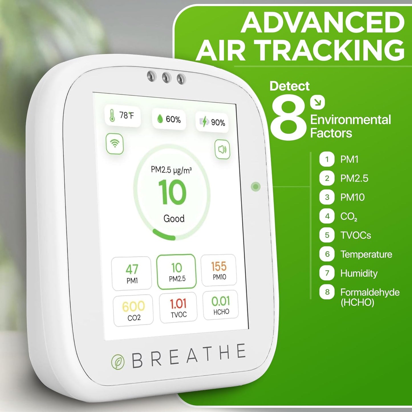 BREATHE Airmonitor Plus Indoor Air Quality Monitor – Smart CO2, PM1 PM2.5 PM10, VOC & Formaldehyde Sensor | Professional-Grade Air Monitor with App