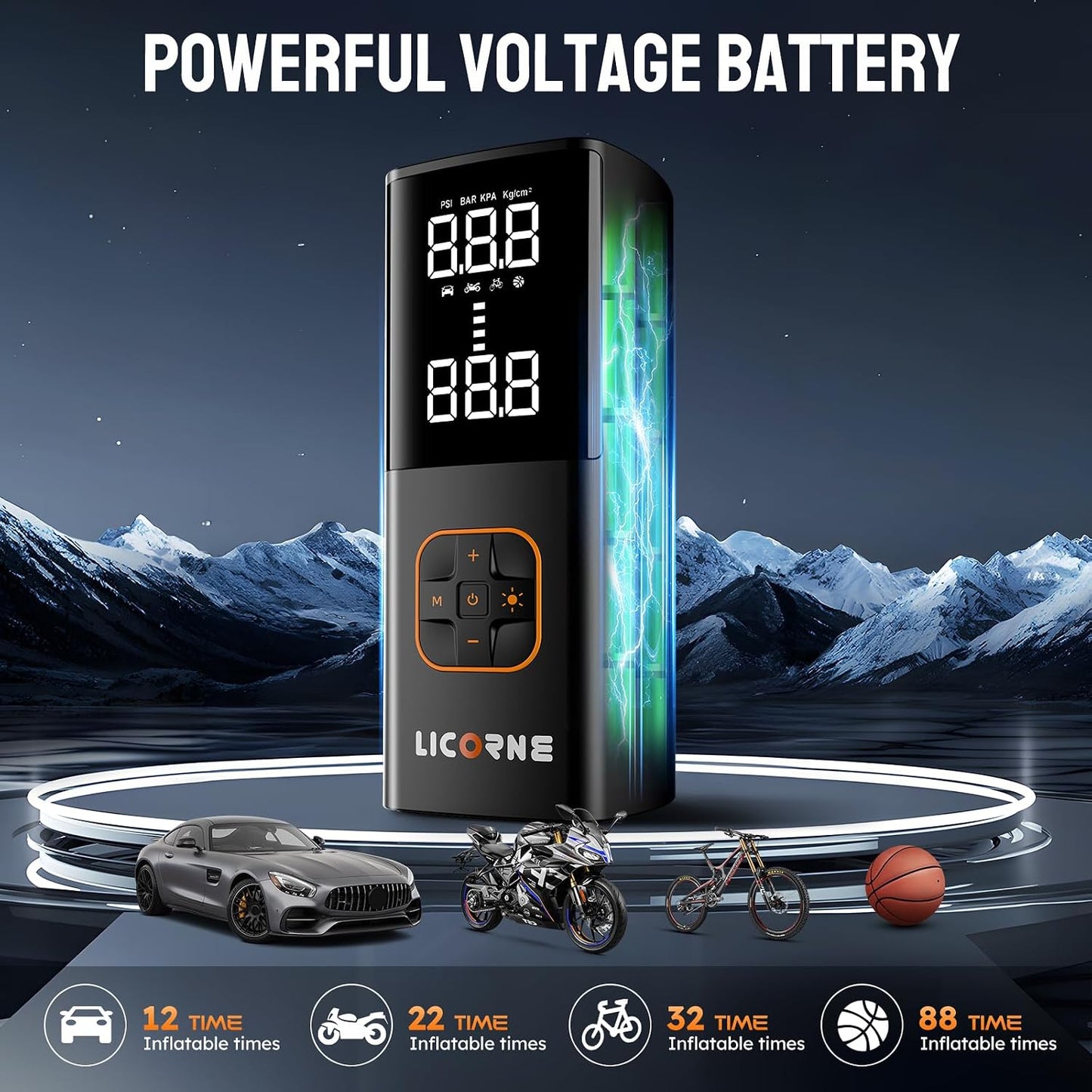 LICORNE Tire Inflator 5X 180 PSI Cordless inflator with Digital Pressure | 5X faster, 7800mAh battery, digital gauge, auto shut-off, 4 modes for car/bike/motorcycle/ball, USB-C power bank, LED light