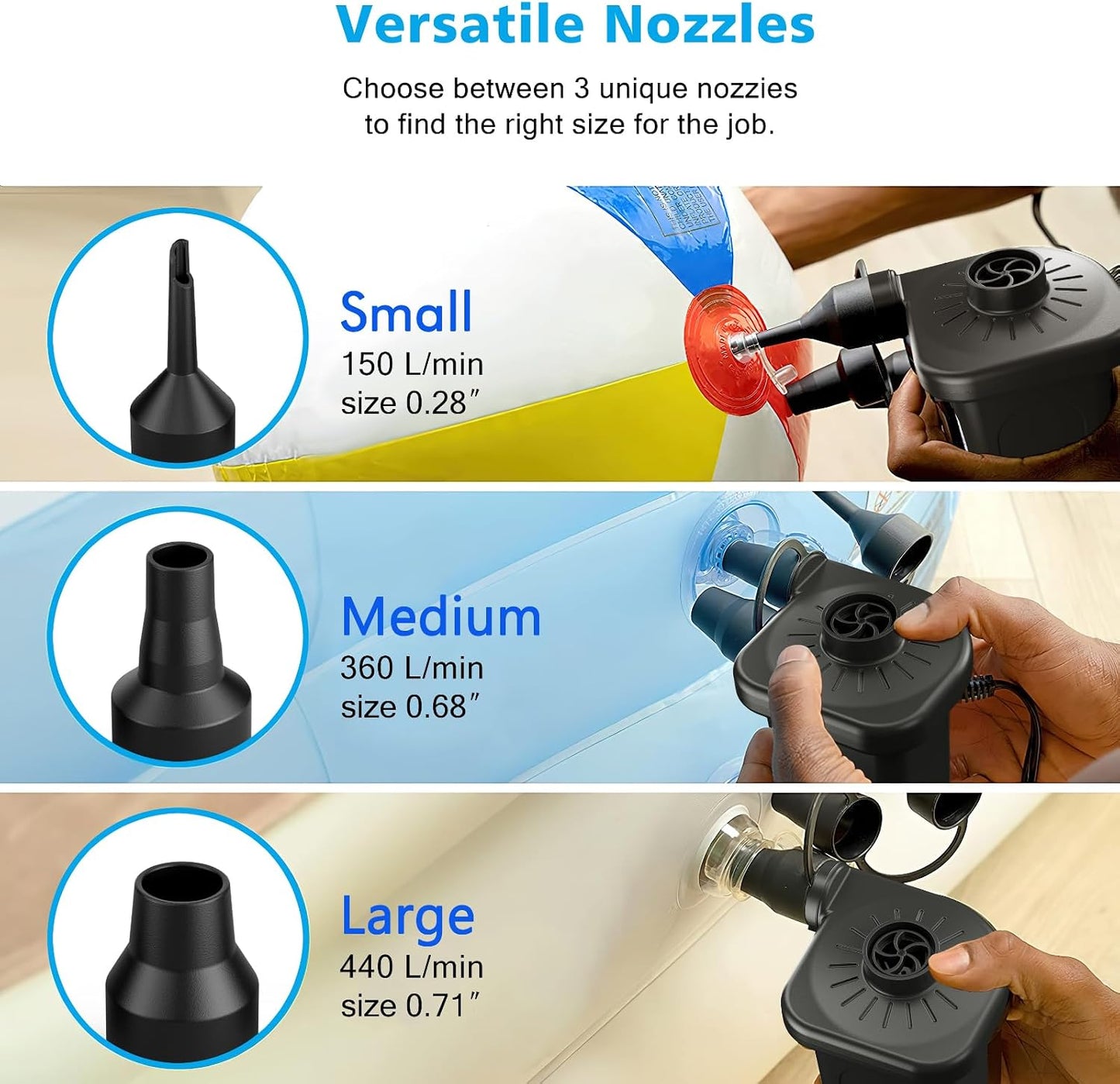 Electric Air Pump for Inflatables,Portable Quick-Fill Air Pump with 3 Nozzles,110V AC/12V DC,Inflator & Deflator Pumps for Outdoor Camping,Air Mattress Beds,Boats,Inflatable Cushion,Couch,Pool Floats