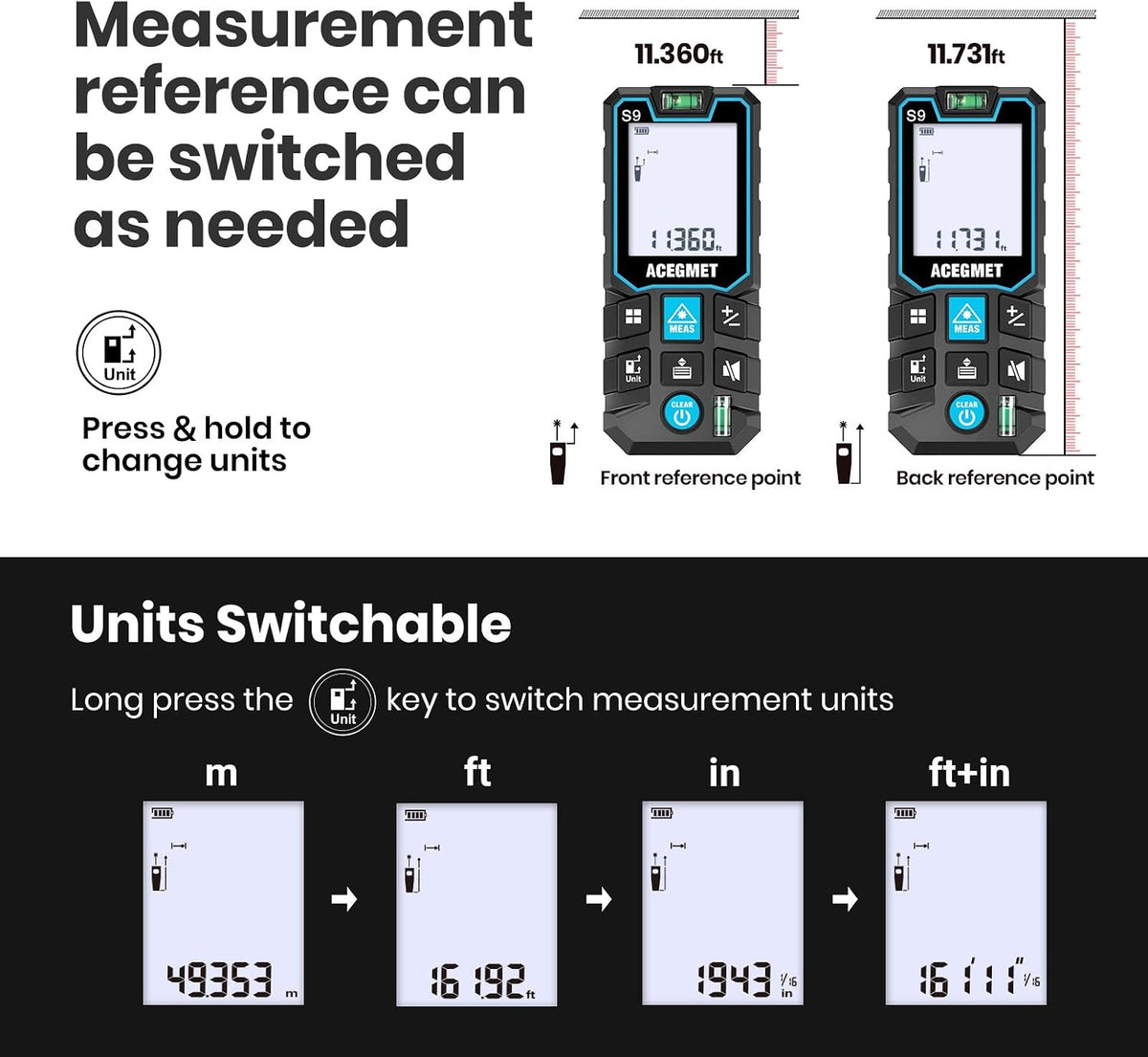 S9 229ft/70m Laser Measuring Tool, LCD Backlit Display | 2 Bubble Levels, LCD Backlit Display, IP54 Waterproof, Pythagorean Mode, Ft/in/M Units for Distance, Area, Volume