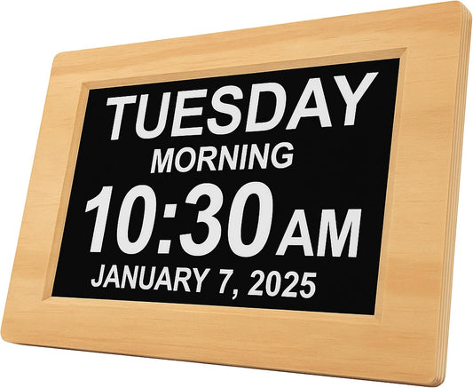 American Lifetime New 2026 Dementia Clock Large Digital Clock for Seniors, Alzeimer Clock Large Display with Custom Alarms, Clock with Day & Date for Elderly, Digital Calendar Premium Light Wood