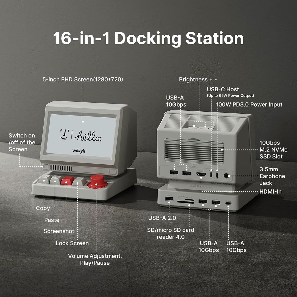 i5 Retro PC-Style Docking Station, 5" HD Screen, 10Gbps M.2 NVMe SSD Enclosure, 65W Host Charge for Laptop/MacBook, Mechanical Hotkeys, HDMI-in, Micro/SD 4.0,
