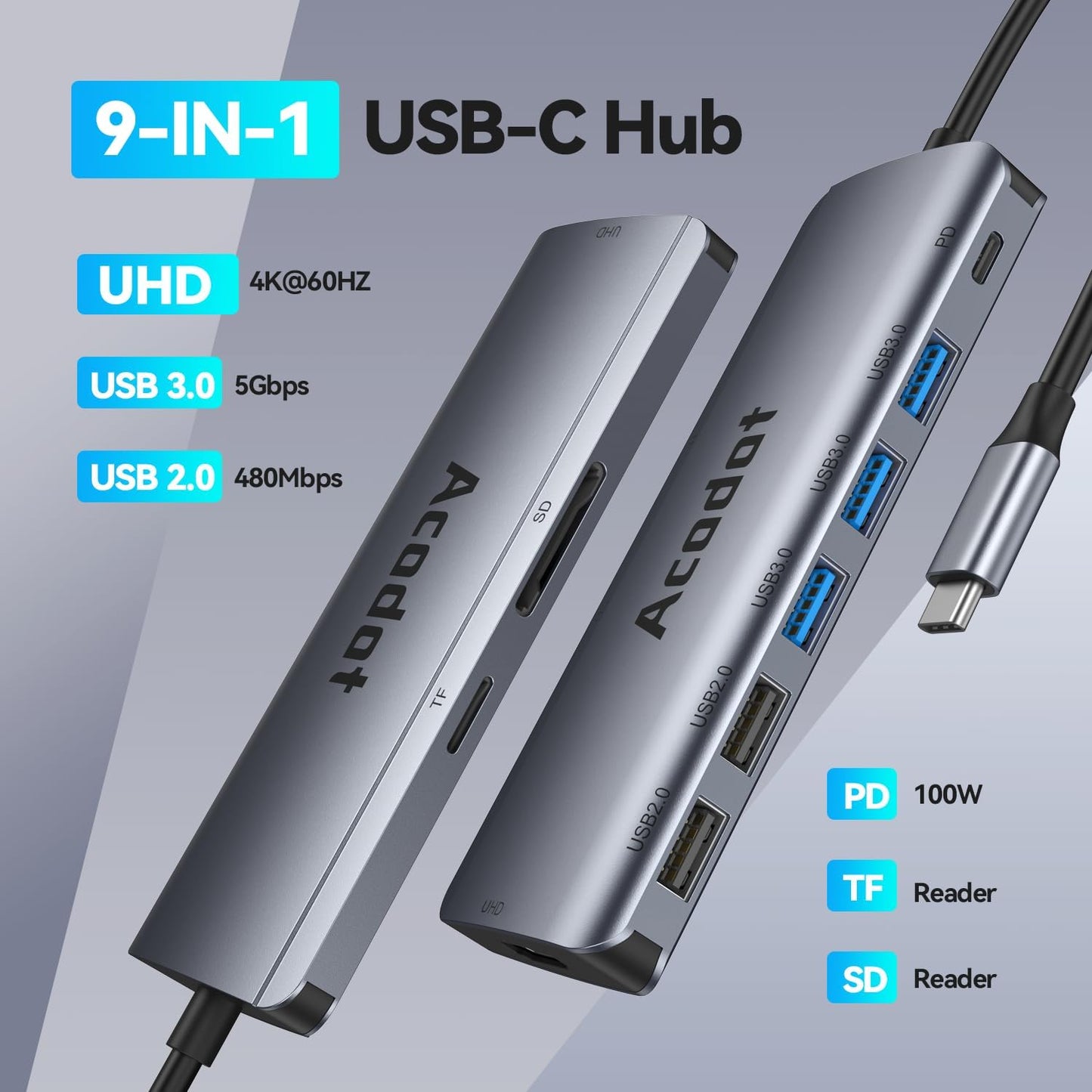 USB C Hub Docking Station, 9-in-1 Multi-Port USB Adapter, 4K@60Hz HDMI, 100W Max PD, 3 USB3.0(5Gbps) + 2 USB2.0 Data Ports, SD/TF Card Reader for MacBook, iPad Pro, Dell, HP, Lenovo, Windows Laptop