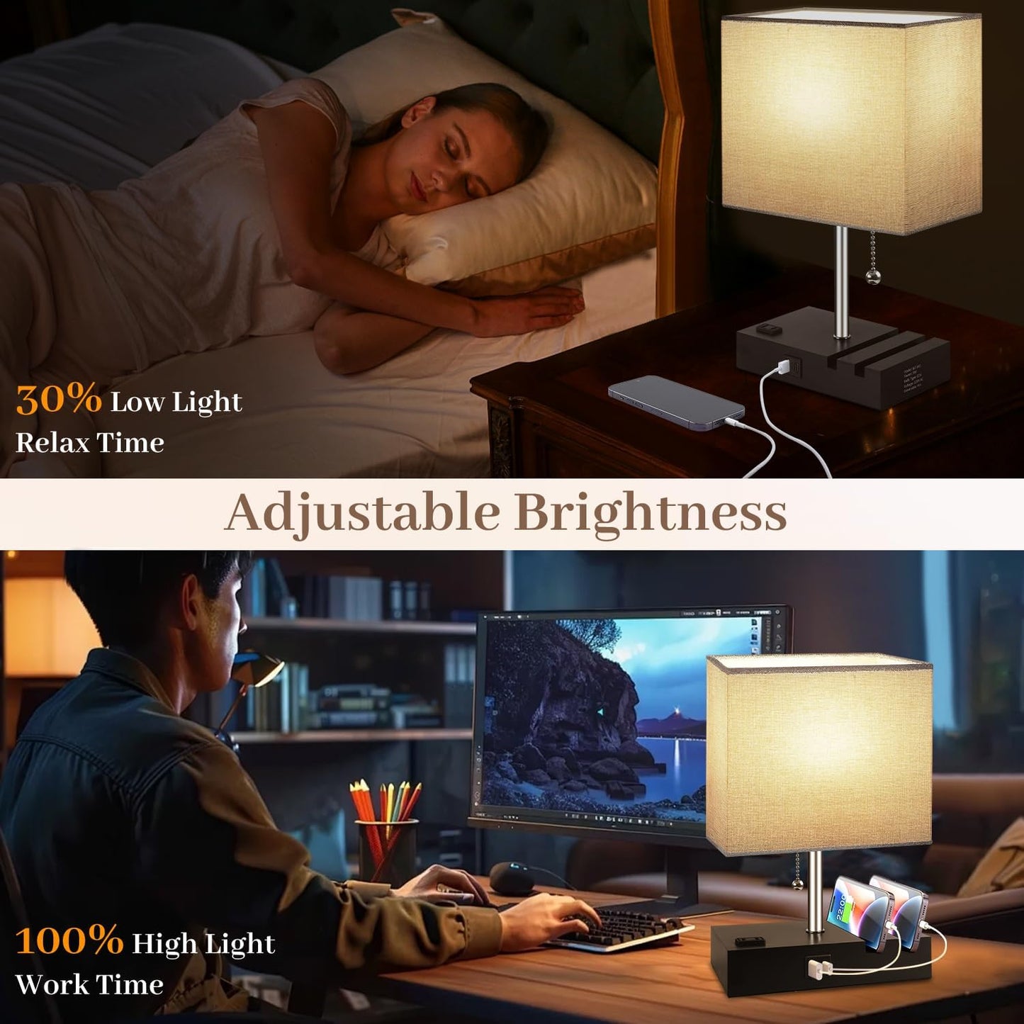 Smart RGB Dimmable Table Lamp Work with Alexa&APP&Remote Control, Gray | Bedside Desk Lamp with Charging Ports&Outlet&Phone Stand, Music Sync Nightstand Lamp for Bedroom Living Room Office Dorm