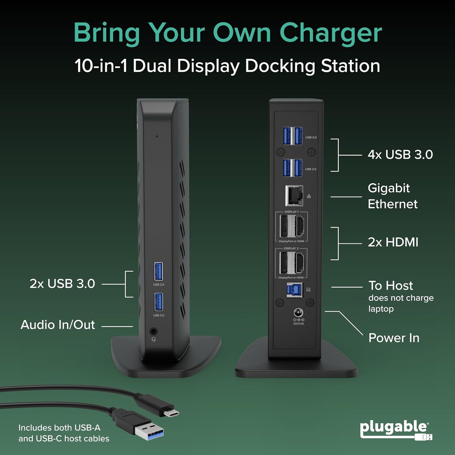 Plugable Dual DisplayPort & HDMI Docking Station - USB 3.0 & USB-C Laptop Dock for Dual Monitors, DisplayLink, Mac (Driver Required), ChromeOS & Windows, Gigabit Ethernet and Audio (UD-6950Z)