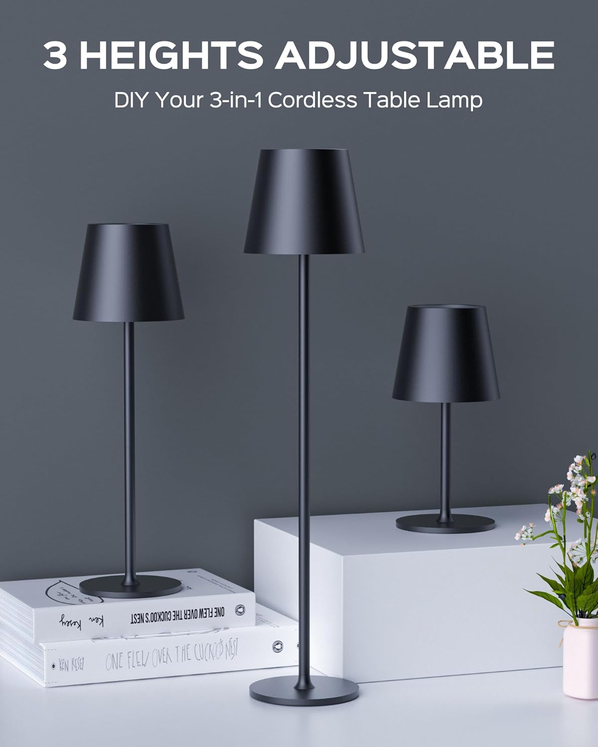JACKYLED Cordless Table Lamps Rechargeable, 3 Adjustable Height, 5000 Capactiy Operated, 3 Colors Smooth Dimming, Portable LED Waterproof Table Lamp for Dining, Bedroom, Outdoor (2 Pack)