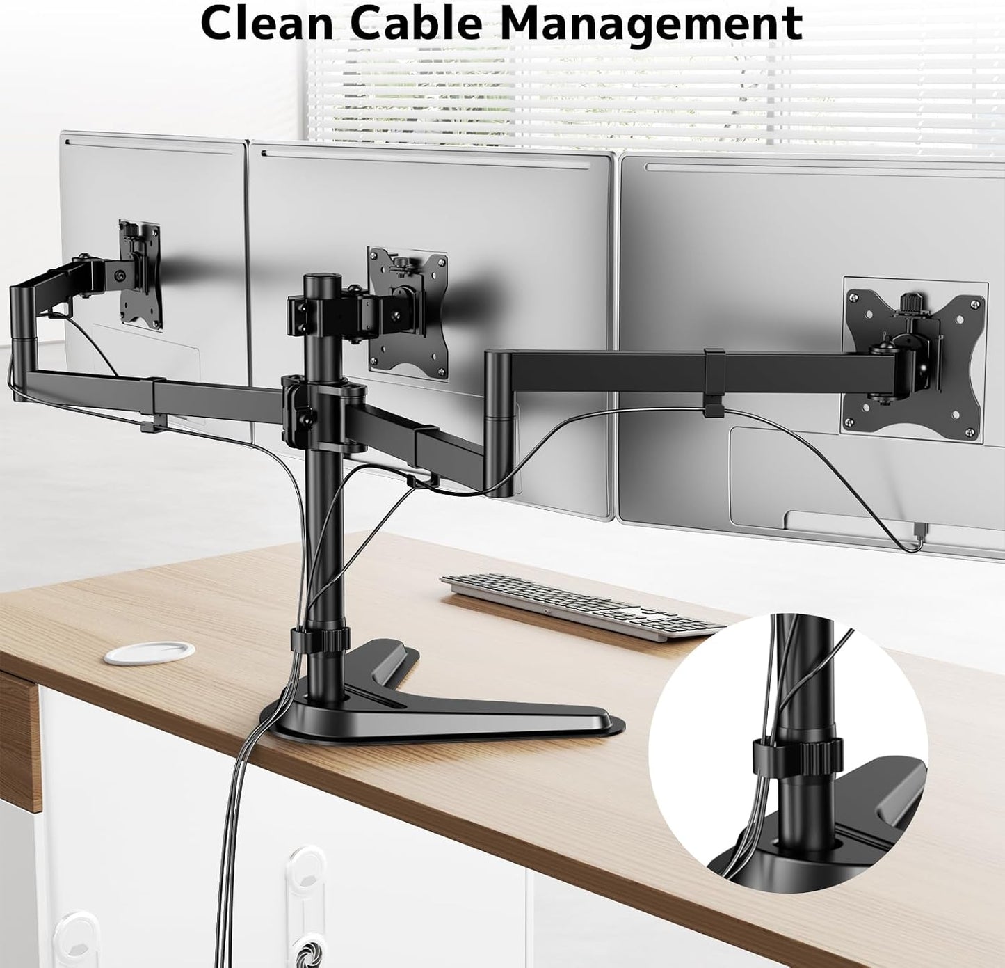 Triple Monitor Stand, Full Motion Arm Fits up to 27 inch | Free standing, Cable Management, 22 lbs Weight Capacity per Arm, 75/100 mm VESA, Black