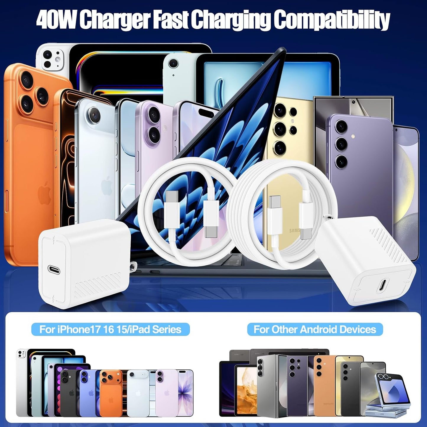 USB C Charger Fast Charging,2Pack 40W Type C Fast Charger Block& Cable | with 10ft USB-C Cables×2 PD 3.0 Super Fast Charging for iPhone 17/ Air/16/15 Pro Max for iPad Pro MacBook Air/Pro M1/M2
