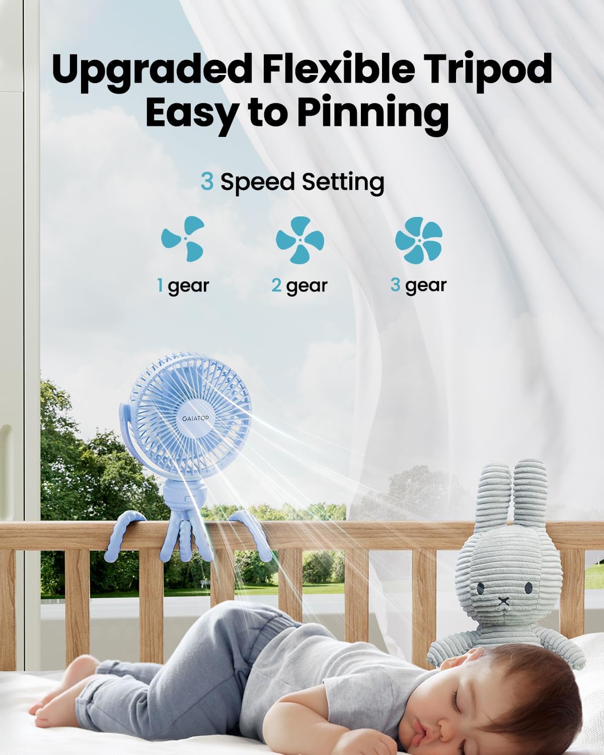 Gaiatop Mini Portable Stroller Fan, Small Clip on Fan Blue | Battery Operated Detachable, 3 Speed Rechargeable, 360° Rotate Flexible Tripod, Cooling for Car Seat Crib Treadmill Travel