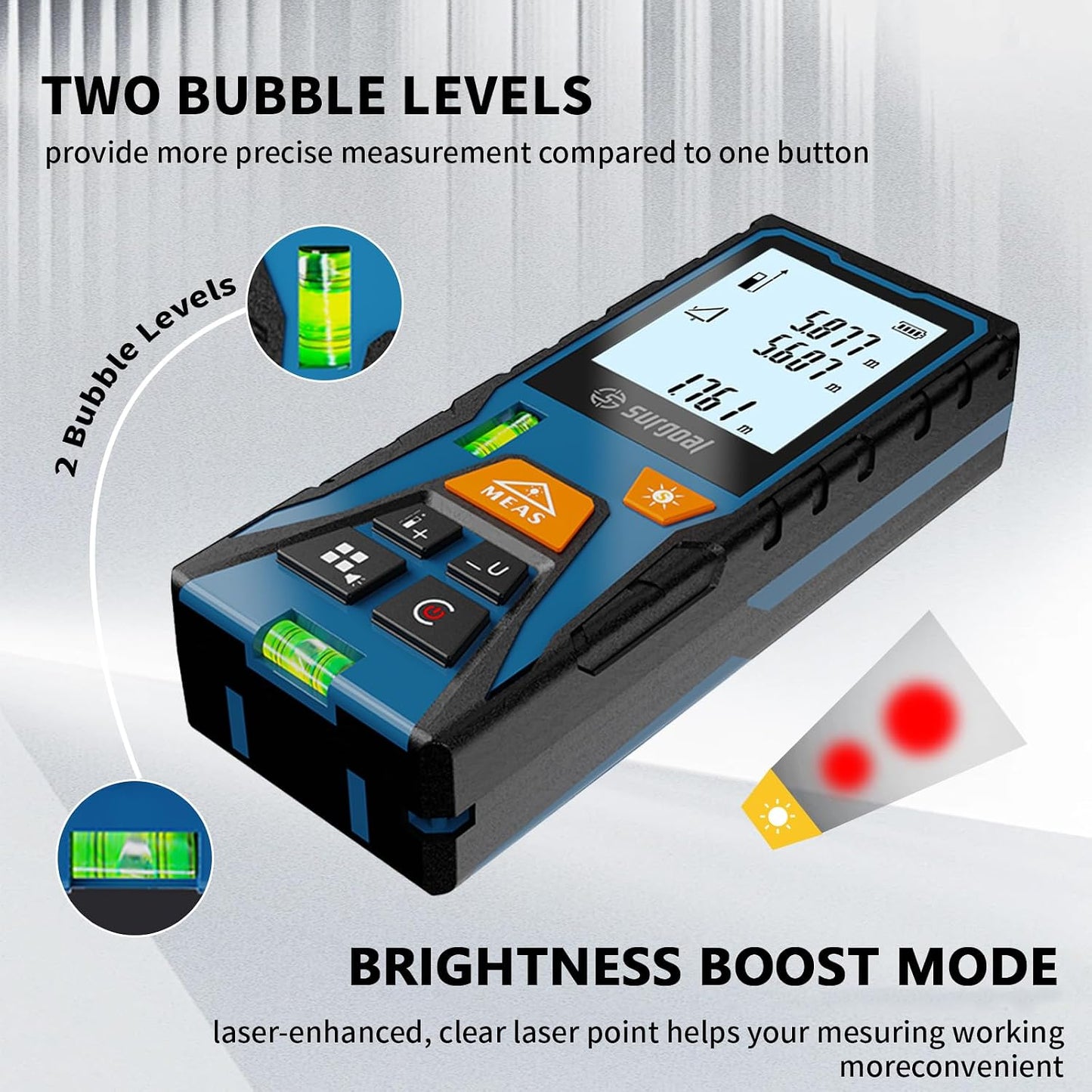 Laser Distance Measure Backlit LCD with Bubble Levels Enhanced-Bright 328FT | Area / Volume / Pythagorean, Ft/In/Ft+In/M Unit Switching, Includes AAA Batteries, Home DIY Woodworking Indoor Projects Gift
