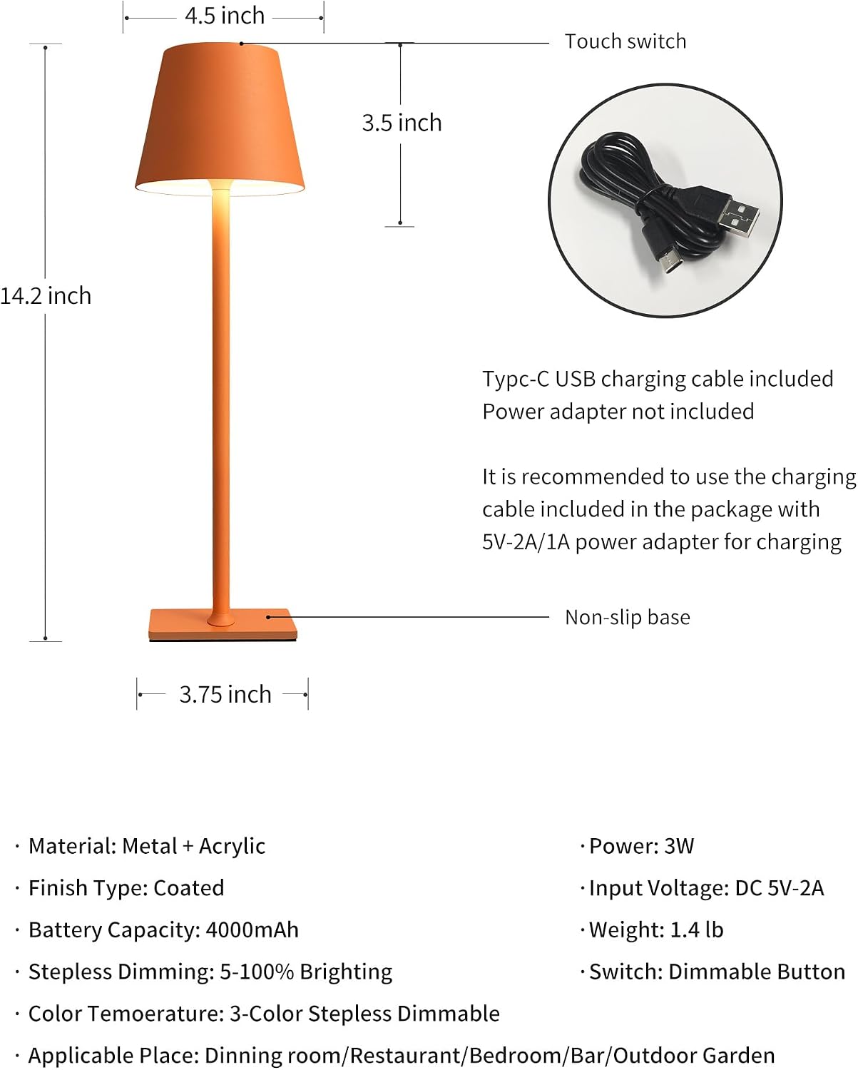 KDG 2 Pack Cordless Orange Table Lamps, Rechargeable Portable LED Desk Lamp | 4000mAh Battery Operated 3 Color Stepless Dimming Up for Restaurant, Bedroom, Outdoor Party, Camping, Coffee Shop, Nightlight