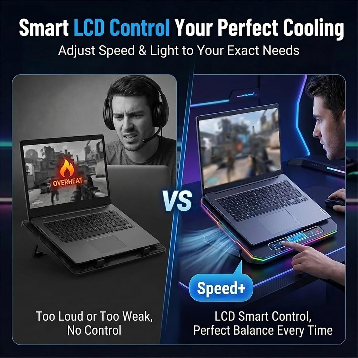 Gaming Laptop Cooling Pad, Laptop Cooler with 12 Quiet Fans, RGB Laptop Fan Cooling Stand with LCD Display, 5-Level Ergonomic Adjustable Mount, Fits 15.6 17 17.3 Inch Laptops, Mac, PC (Black)