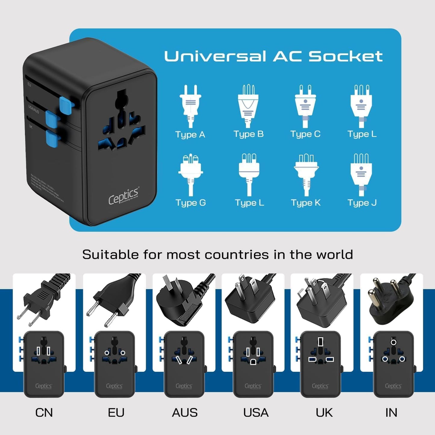 Ceptics GAN 100W Universal Travel Adapter with Retractable USB-C Cable, 2X USB-A & C, Universal Input and 1x USA/JP Input, 7 in 1 Universal Adapter for Worldwide Travel - Type A, C, G, I Output