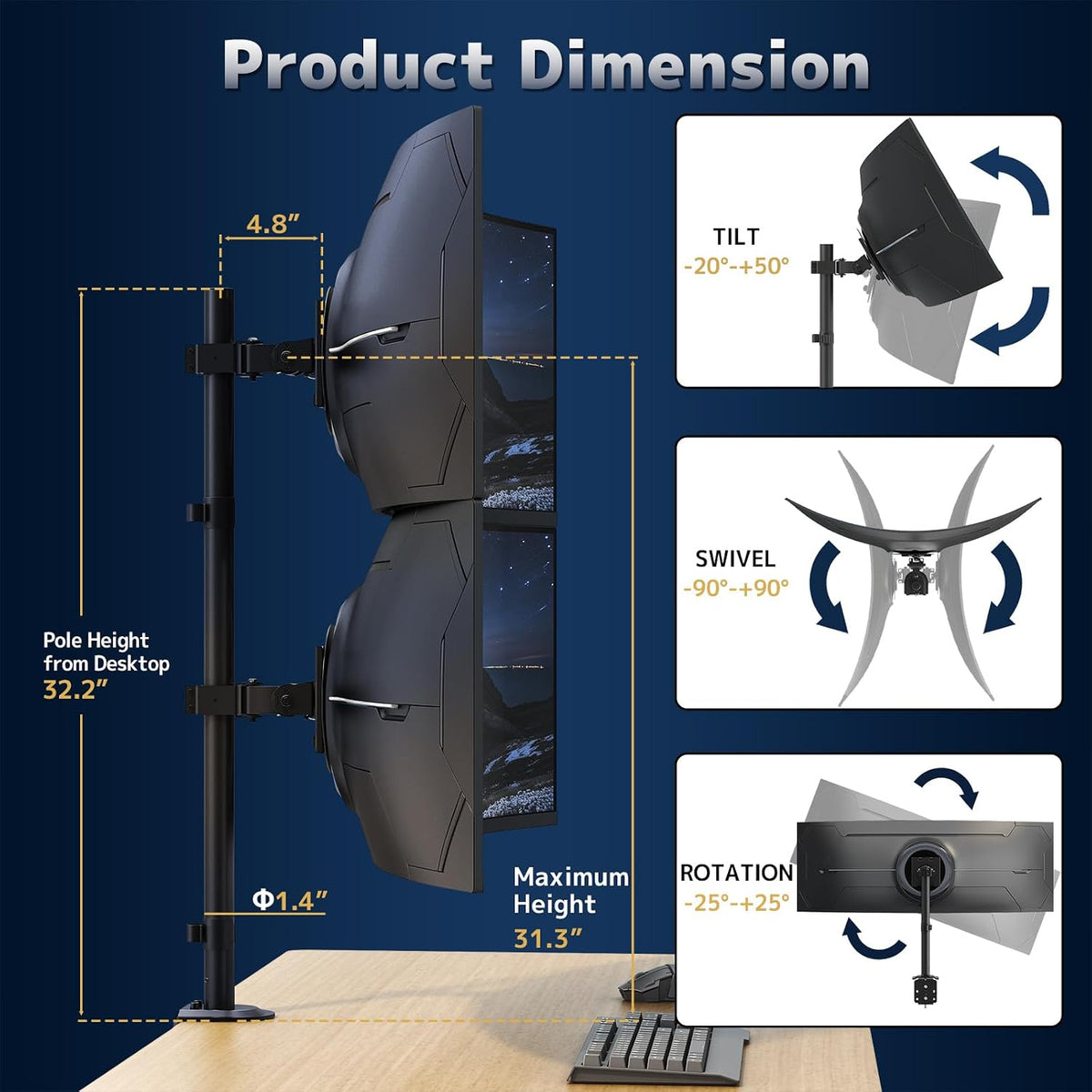 Dual Ultrawide Monitor Mount for 17-49'' Screens