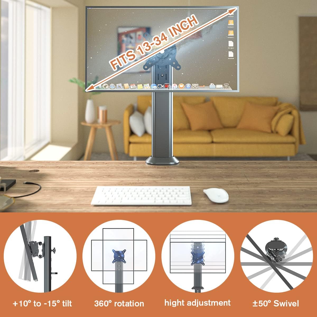 HEMUDU Single Desk Monitor Arm Mount Stand Fit for 13 inch to 32 inch Flat Curved Computer Screen with Swivel, Height Adjustable, Rotation,Holds up to 77lbs, Black