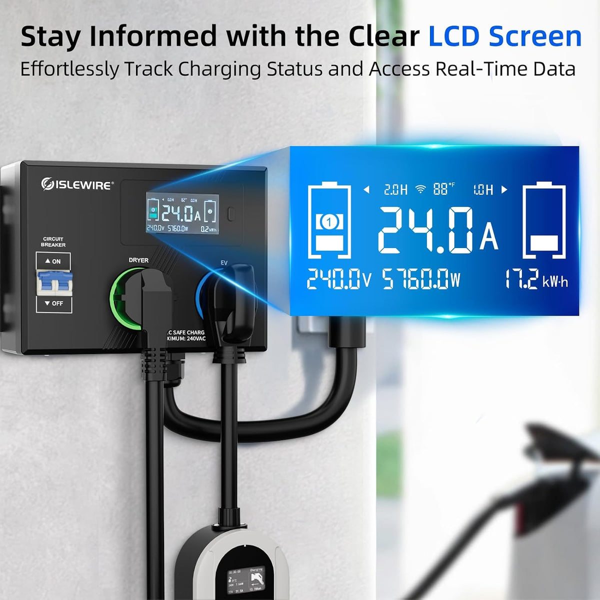 Smart Dryer Splitter for EV and Dryer, 240V Auto Power Switch for Dryer Outlet, 3-Color LED Ring, 3.4" LCD Display, No Rewiring Needed, NEMA 14-30 Plug, NEMA 14-30 & NEMA 14-50 Outlets (24 Amp)