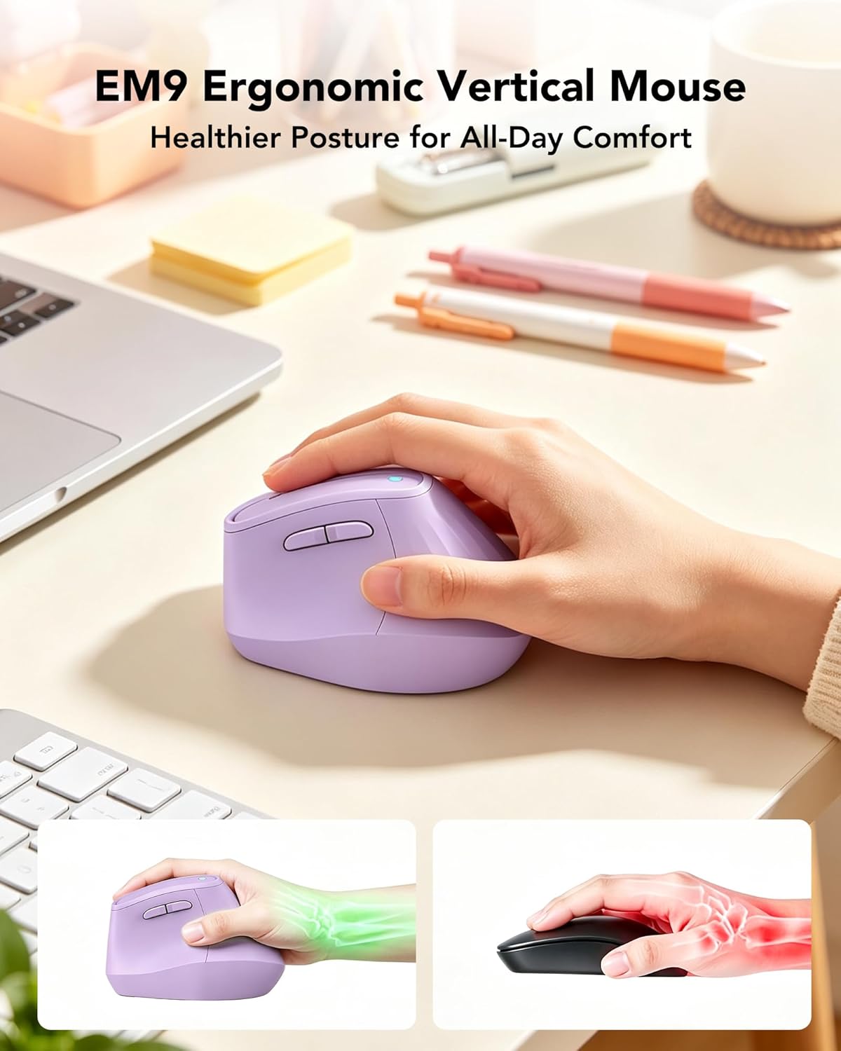 KYSONA Ergonomic Mouse Wireless, Bluetooth Vertical Mouse, 5-Level Adjustable DPI, 2.4G Silent Switch Mice for Windows, MacOS, IPadOS, Laptop, PC, Purple