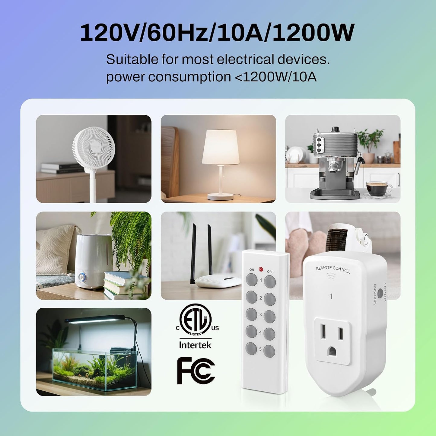 BN-LINK Wireless Remote Control Outlet Electrical Switch for Lights, Fans, Christmas Lights, Small Appliance, 100ft Long Range White (Learning Code, 5Rx-2Tx) 1200W/10A, ETL & FCC Certified