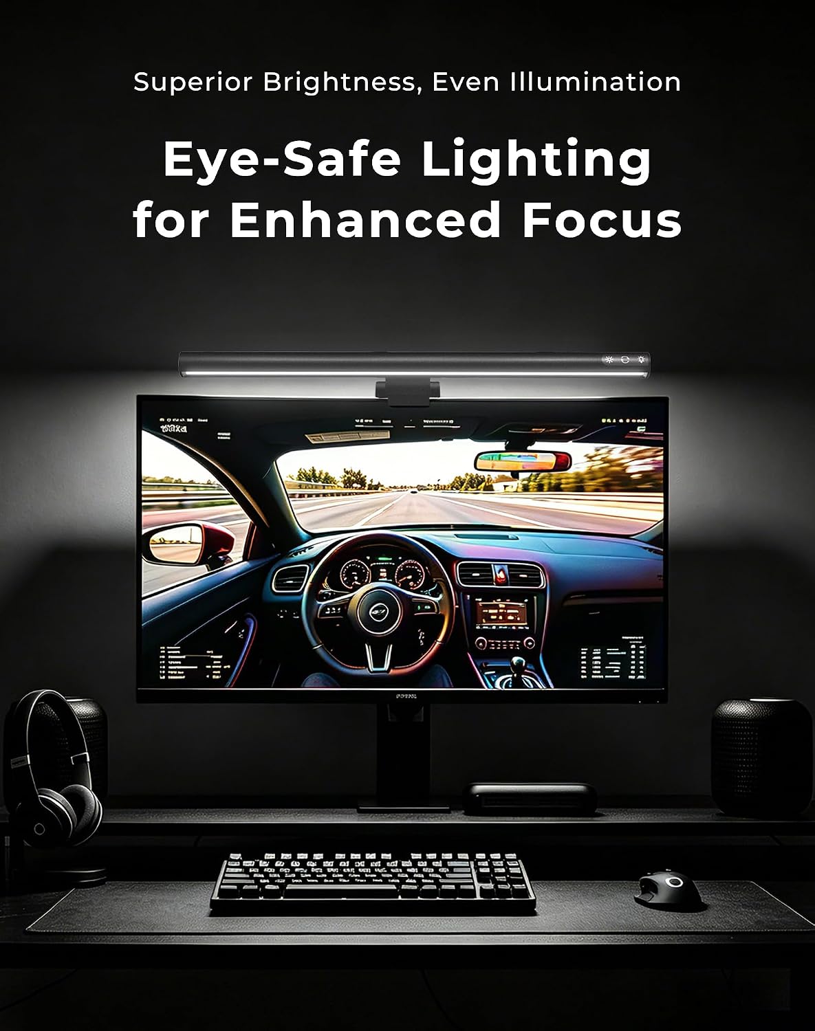 17.5" Monitor Light Bar for Flat & Curved Screens (0.3"-1.4"), Ultrawide Eye-Care Desk Lamp with Asymmetric No-Glare Light, Stepless Dimming, Premium Aluminum Screen Bar for Home Office