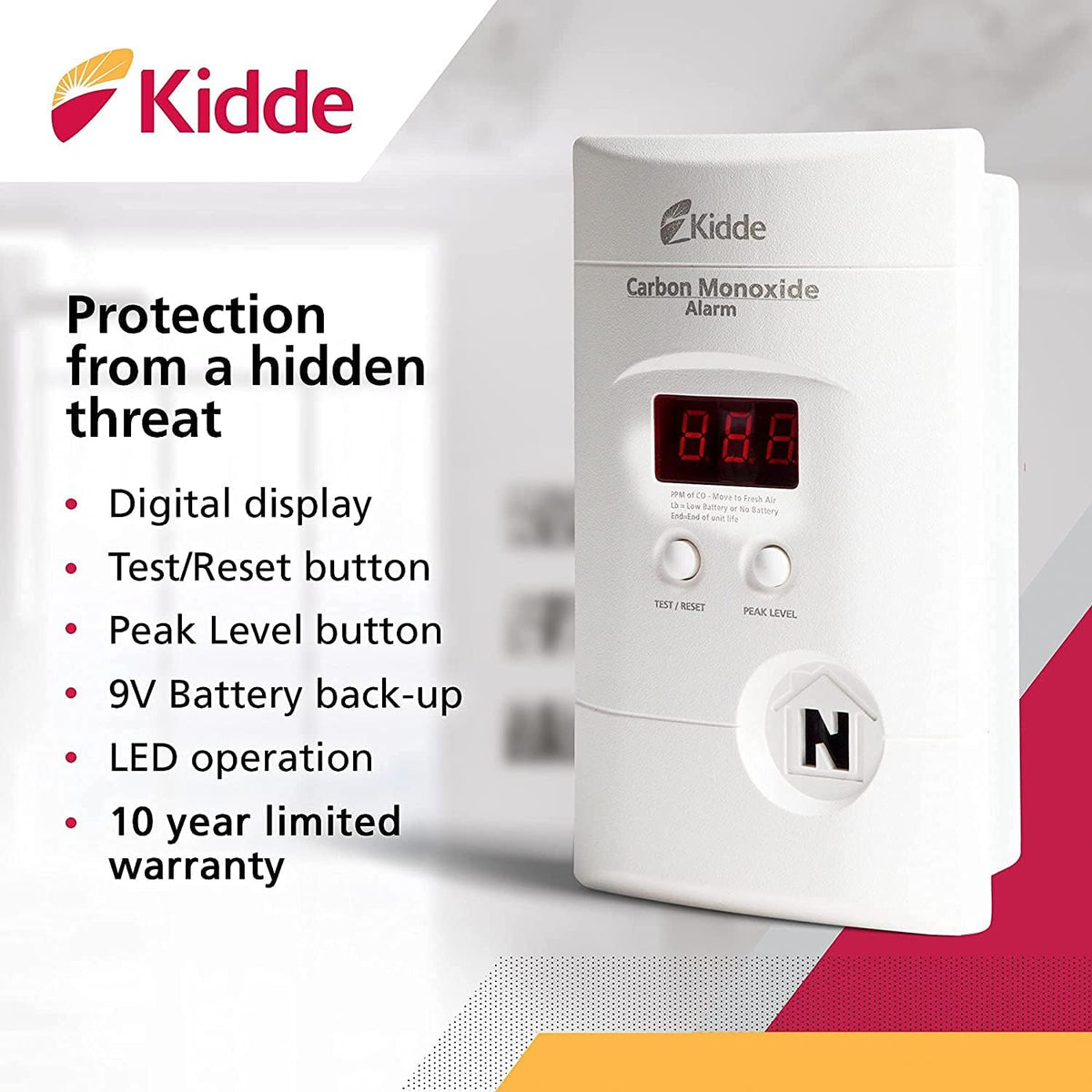 Kidde Carbon Monoxide Detector, Plug In Wall with 9-Volt Battery Backup, Digital LED Display - 6 Pack