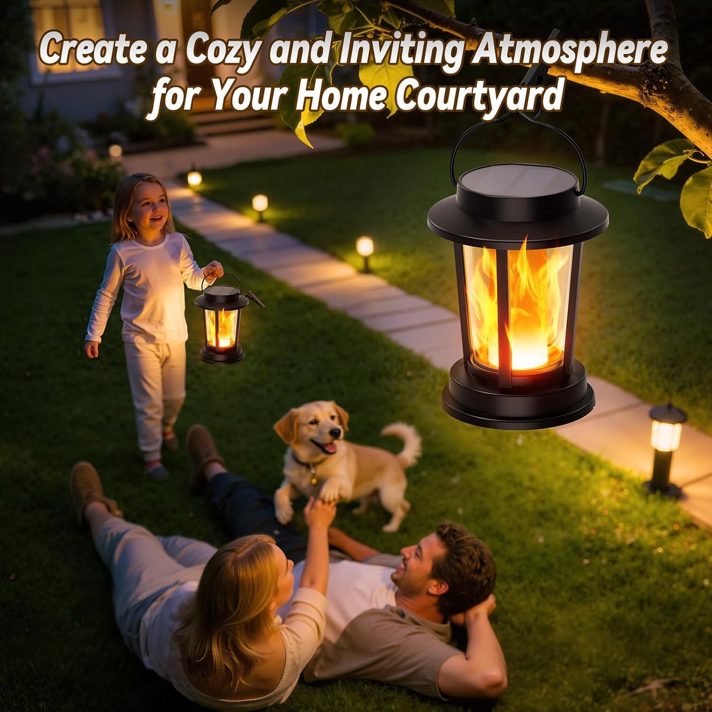 Solar Lanterns Outdoor Waterproof, Upgraded Flickering Flame Solar Lights Outdoor, Solar Powered Lanterns Decorative, Hanging Solar Lantern for Garden Yard Patio Path Porch Tree Decor 2 Pack