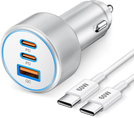 67W 3-Port Super Fast Type C Car Charger USB C for Samsung S26 S25 S24 S23 | iPhone 17/16/15 Pro Max, Android, Cigarette Lighter USB Charger Car Phone Adapter Accessories for Men Women + 3FT USB-C Cable
