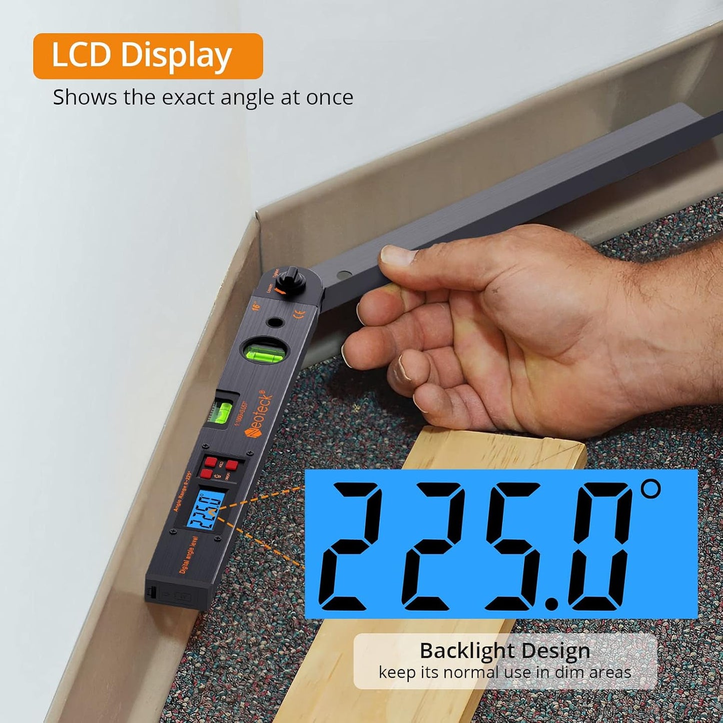Neoteck 16 inch Digital Angle Finder 225°Aluminum Protractor LCD Backlight | Digital Angle Measuring Tool with Bubble Level Data Hold & Locking Knob Auto-Off for Woodworking Construction Machinery-Black