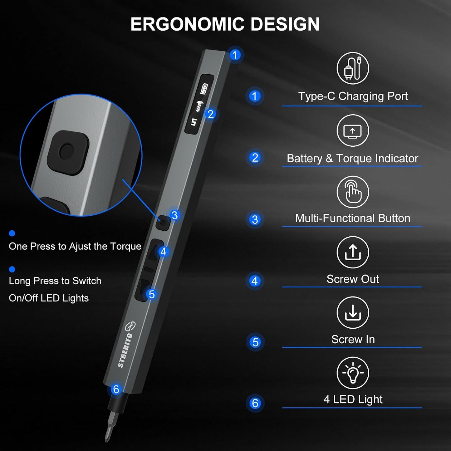 STREBITO Electric Screwdriver, 155 in 1 Precision Electric Screwdriver Set | Upgraded 5 Torque & Indicator, 140 S2 Magnetic Bits, 500mAh Battery, Electronics Tool Kit for RC, Computer, PC, Laptop, Phone