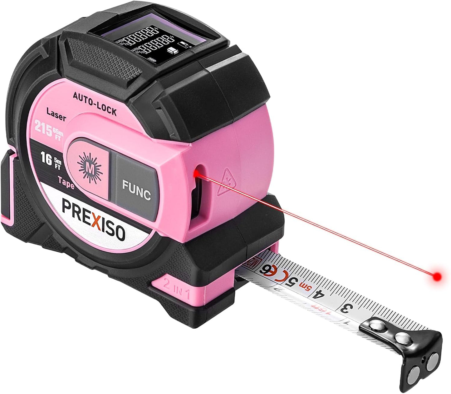PREXISO 2-in-1 Laser Tape Measure, 215Ft Laser Measure & 16Ft Tape Measure | Laser Measuring Tool, Auto Lock & Magnetic Hook, Laser Measurement Tape, Pythagorean, Area, Volume, Ft/Ft+in/in/M NOT Digital