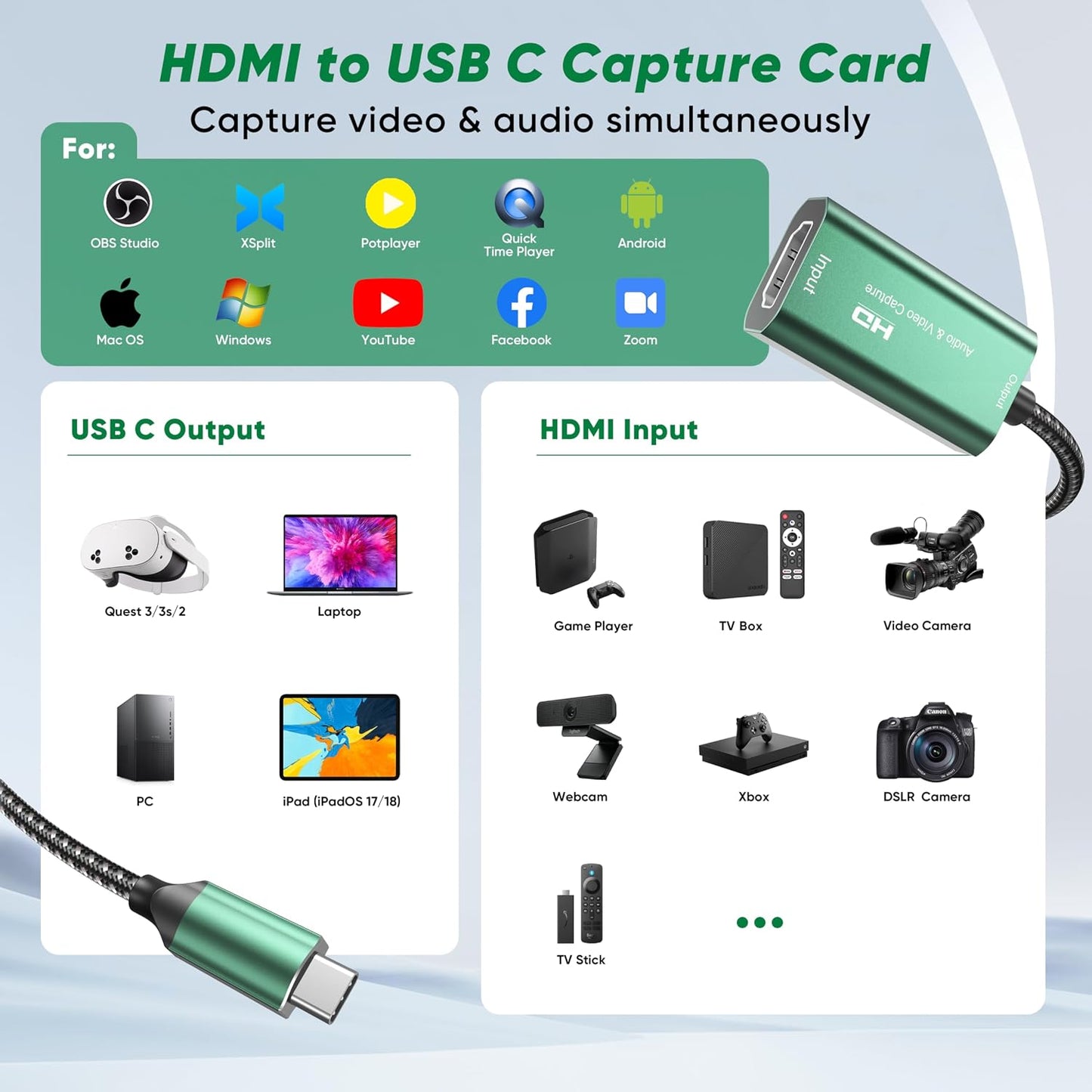 Video Capture Card,4K USB 3.0 HDMI to USB C Capture Card,1080P 60FPS Capture Card for Gaming, Streaming, Compatible with IPad Windows Mac OS Switch PS5/4 Xbox OBS Zoom DSLR Camera (Green)