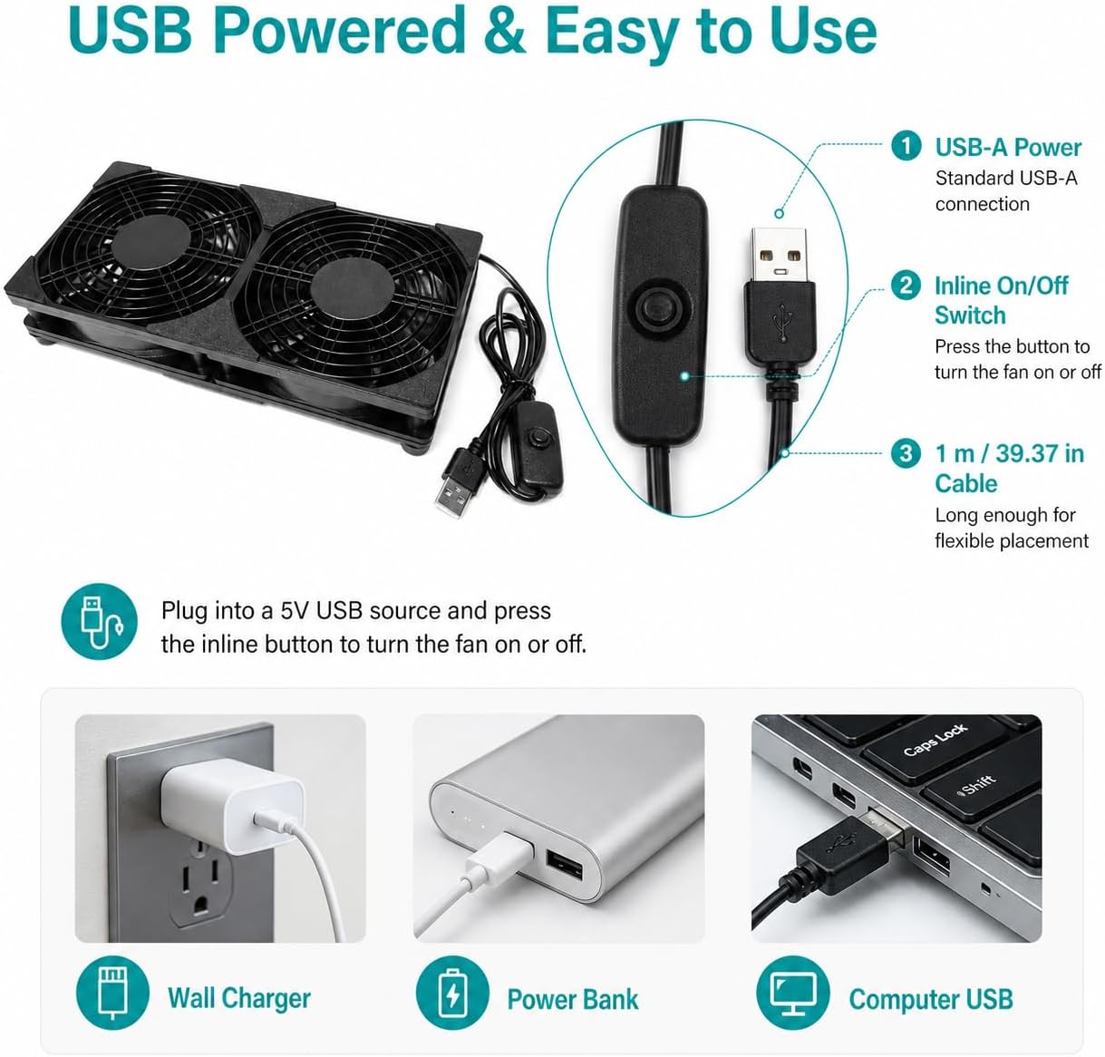240mm Dual USB Cooling Fan, 2 x 120mm 5V USB Powered Cooling Fans with Inline On/Off Switch, Quiet Fan for Router, TV Box, Receiver, DVR, Laptop, AV Cabinet and Electronics