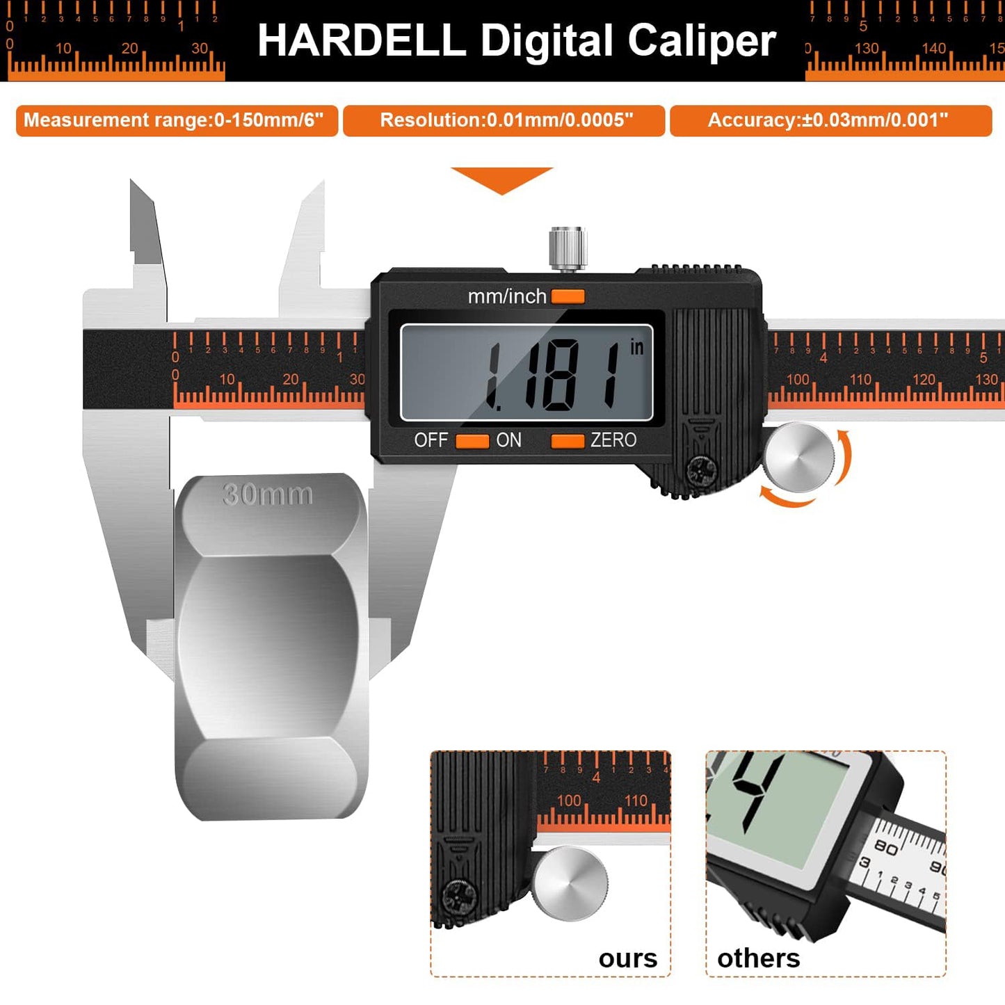 HARDELL Digital Caliper 6 Inch, Caliper Measuring Tool with Large LCD | Stainless Micrometer Calipers, Inch/mm Conversion, 4 Modes, Auto-Off and Sturdy Case. For DIY, 3D Printing and Jewelry